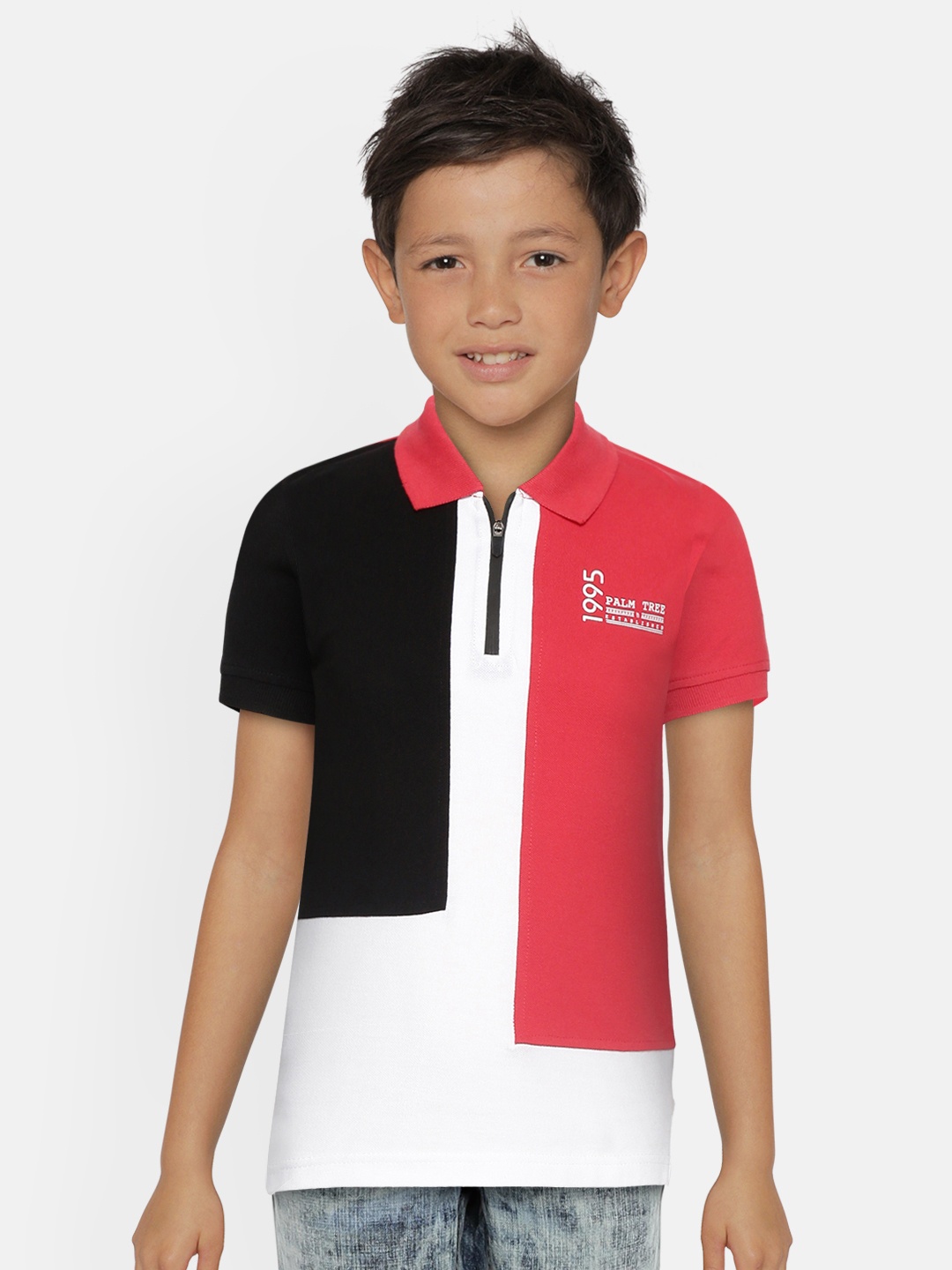 

Palm Tree Boys Red Black Pure Cotton Colourblocked Polo Collar Pure Cotton T-shirt