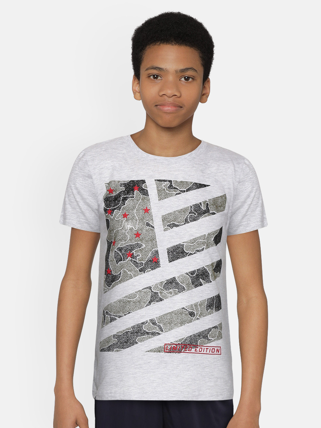 

Palm Tree Boys Grey Melange Textured Camouflage Print Round Neck T-shirt