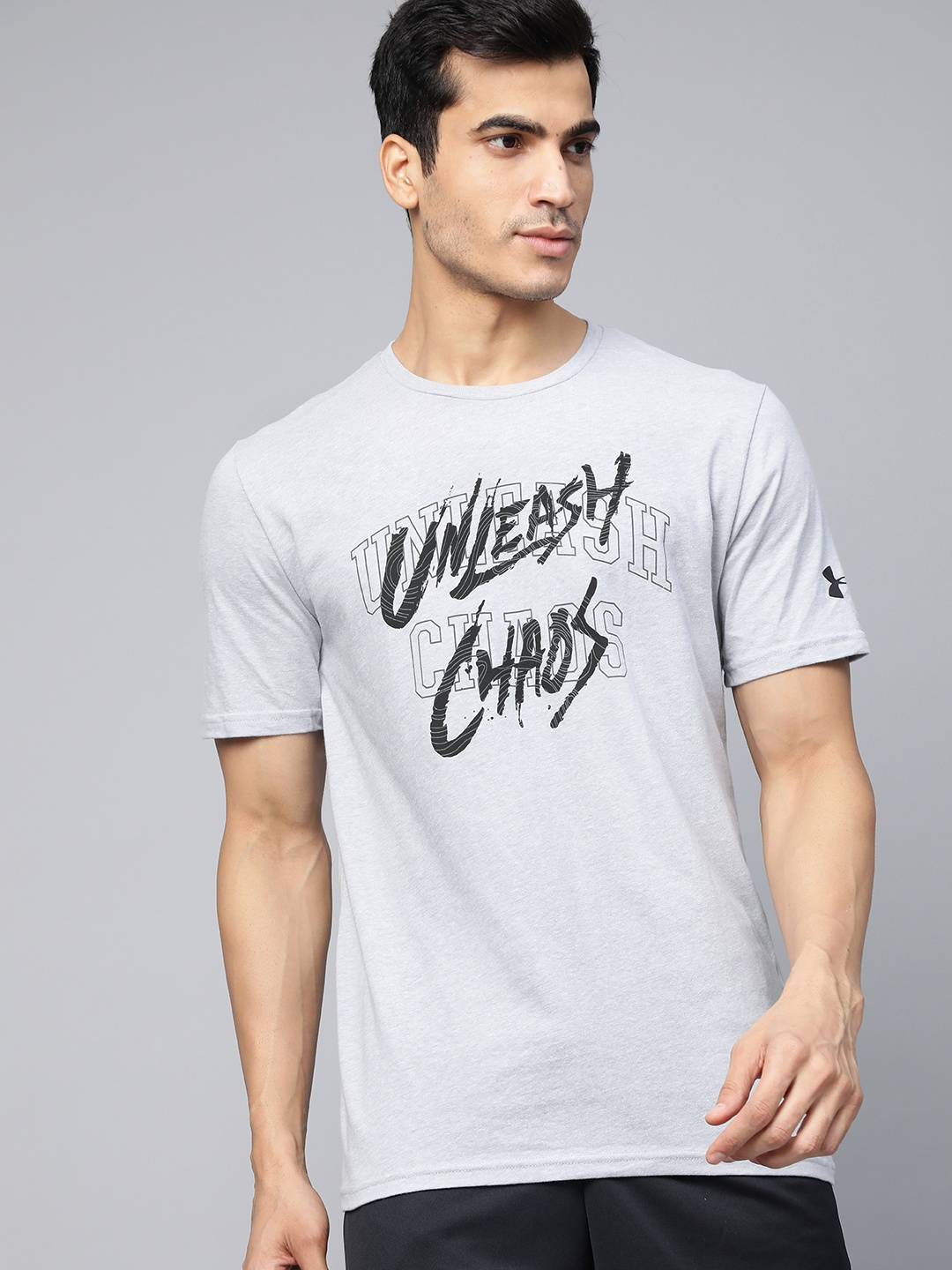 

UNDER ARMOUR Men Grey Melange & Black Printed Unleash Chaos Basketball T-shirt