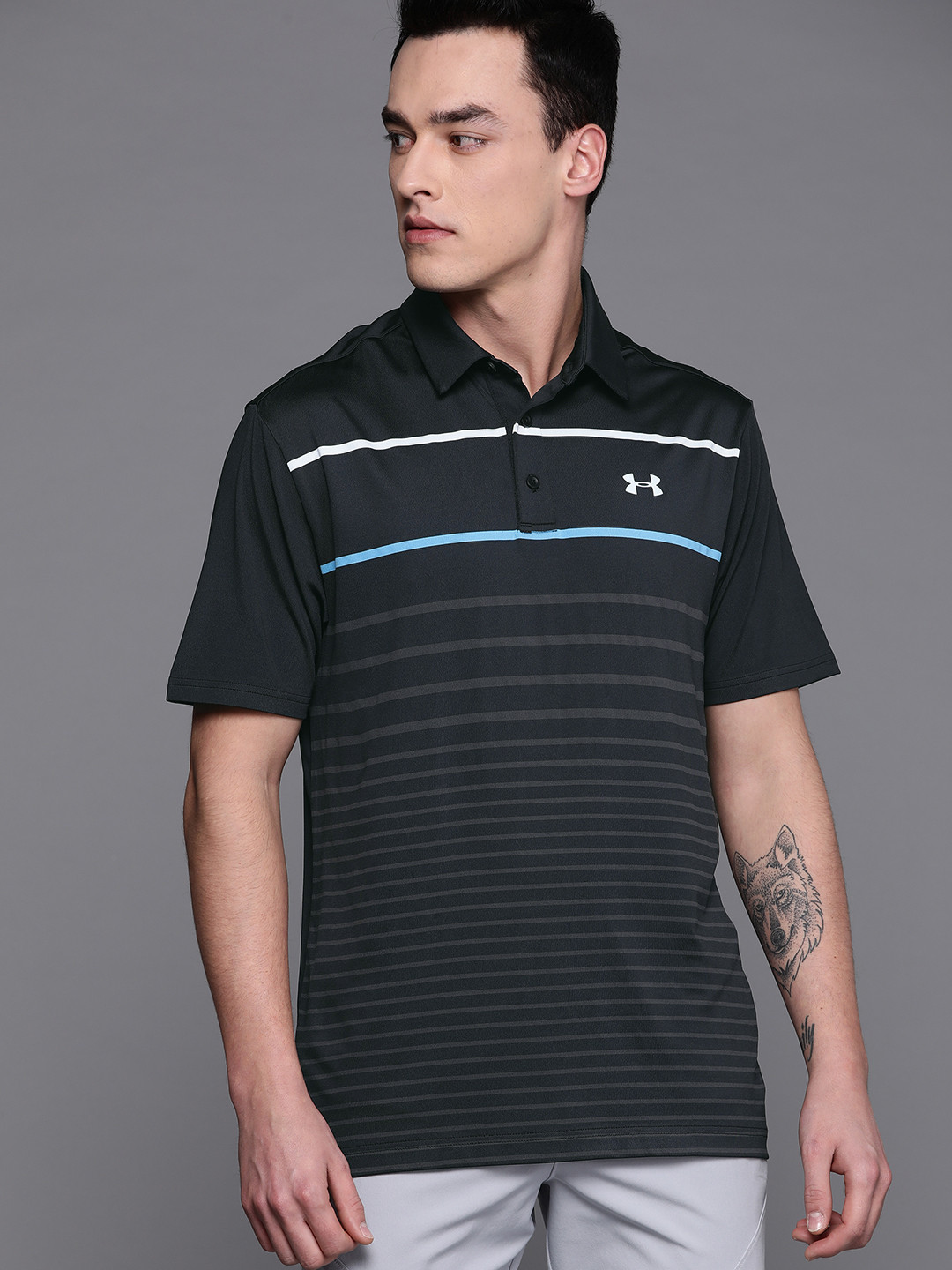 

UNDER ARMOUR Men Charcoal Grey Playoff Polo 2.0 Striped HeatGear Sports T-shirt