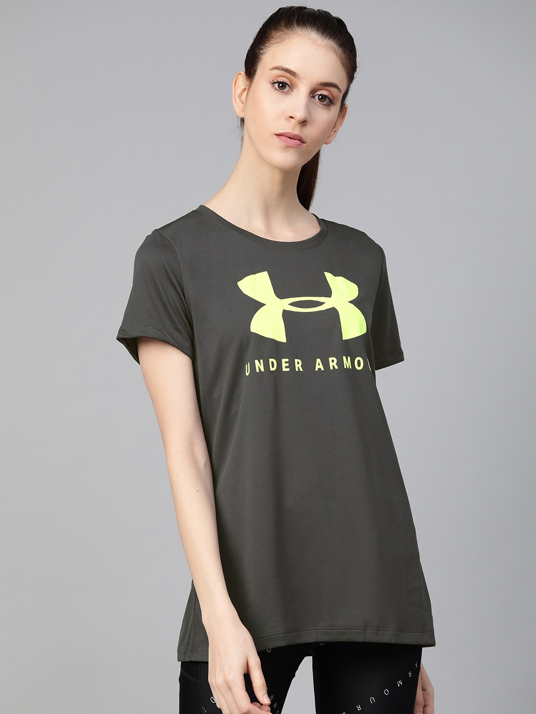 

UNDER ARMOUR Women Charcoal Grey & Yellow Tech Logo Graphic Print T-Shirt