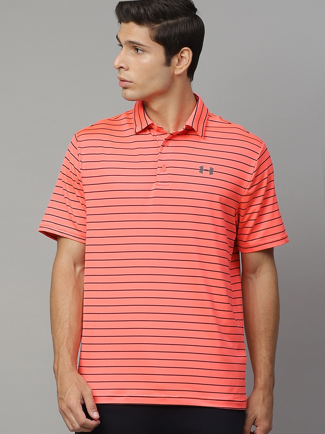 

UNDER ARMOUR Men Coral Pink & Black Striped UA Playoff Polo 2.0 T-shirt