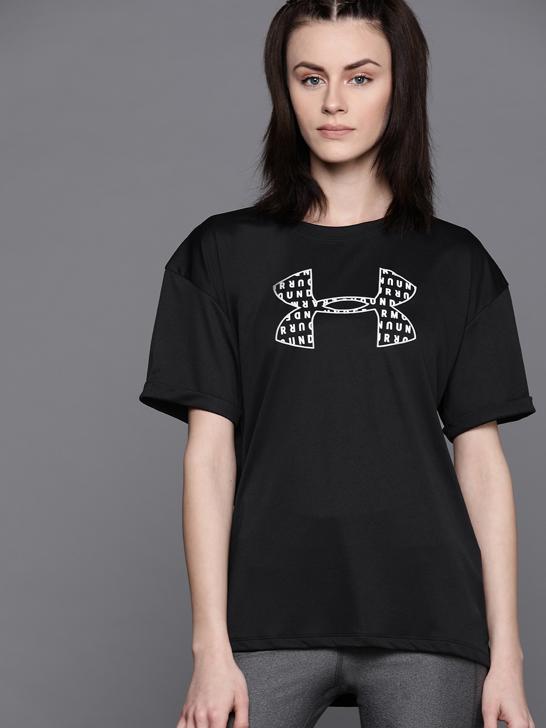 

UNDER ARMOUR Women Black & White Printed Performance Graphic Sports T-shirt