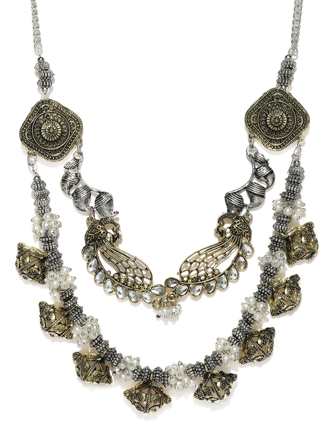 

Fida Silver-Toned & Gold-Toned Studded Layered Necklace