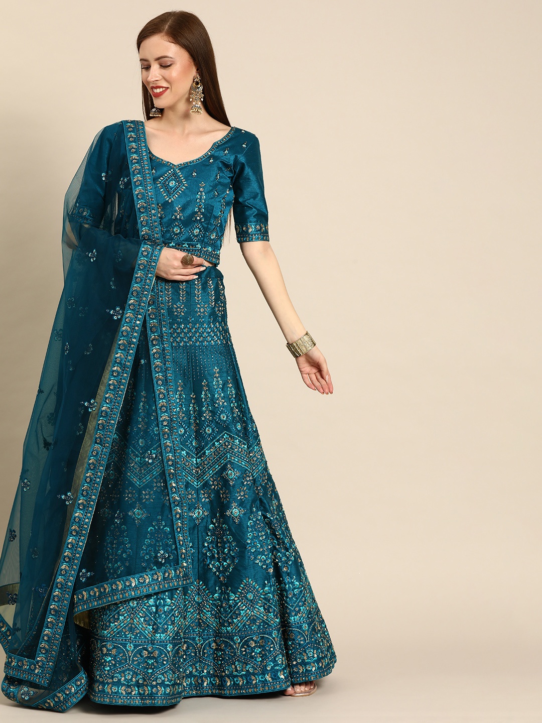 

Shaily Teal Semi-Stitched Lehenga & Blouse with Dupatta