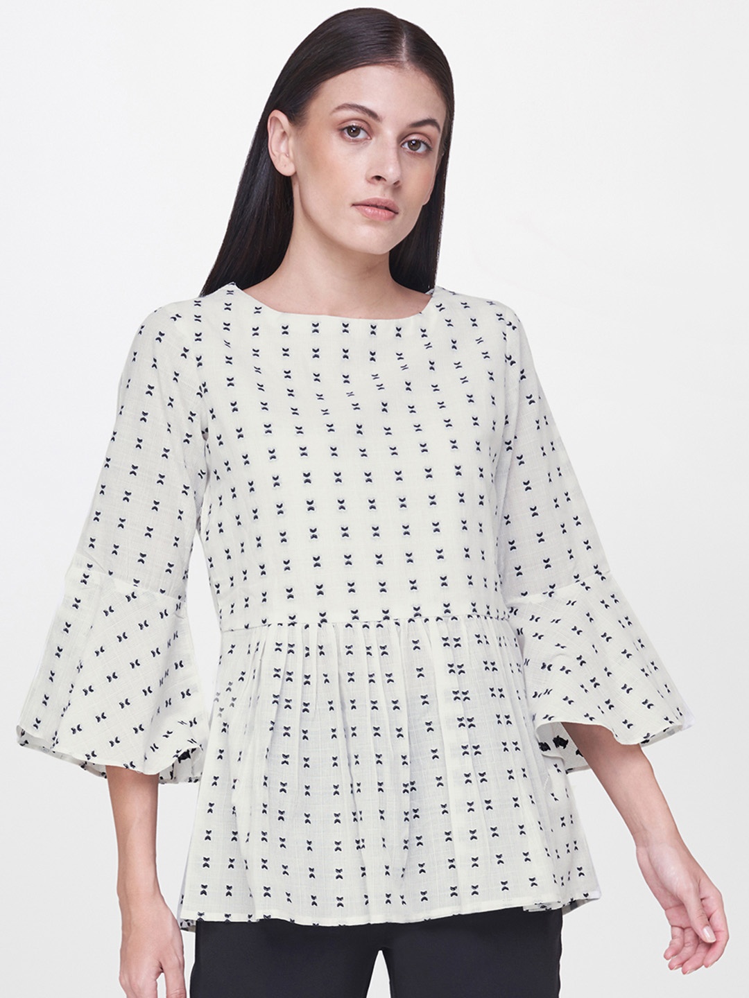 

AND Women White & Black Pleated Self Design A-Line Top