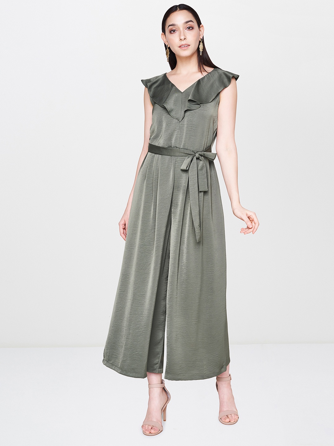 

AND Olive Green Basic Jumpsuit with Ruffles