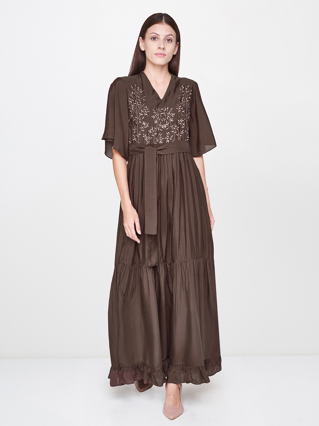 

AND Women Brown Embroidered Maxi Dress with Flared Sleeves