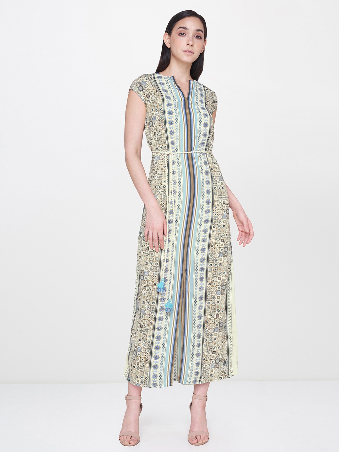 

AND Women Cream-Coloured & Sea Green Printed Maxi Dress