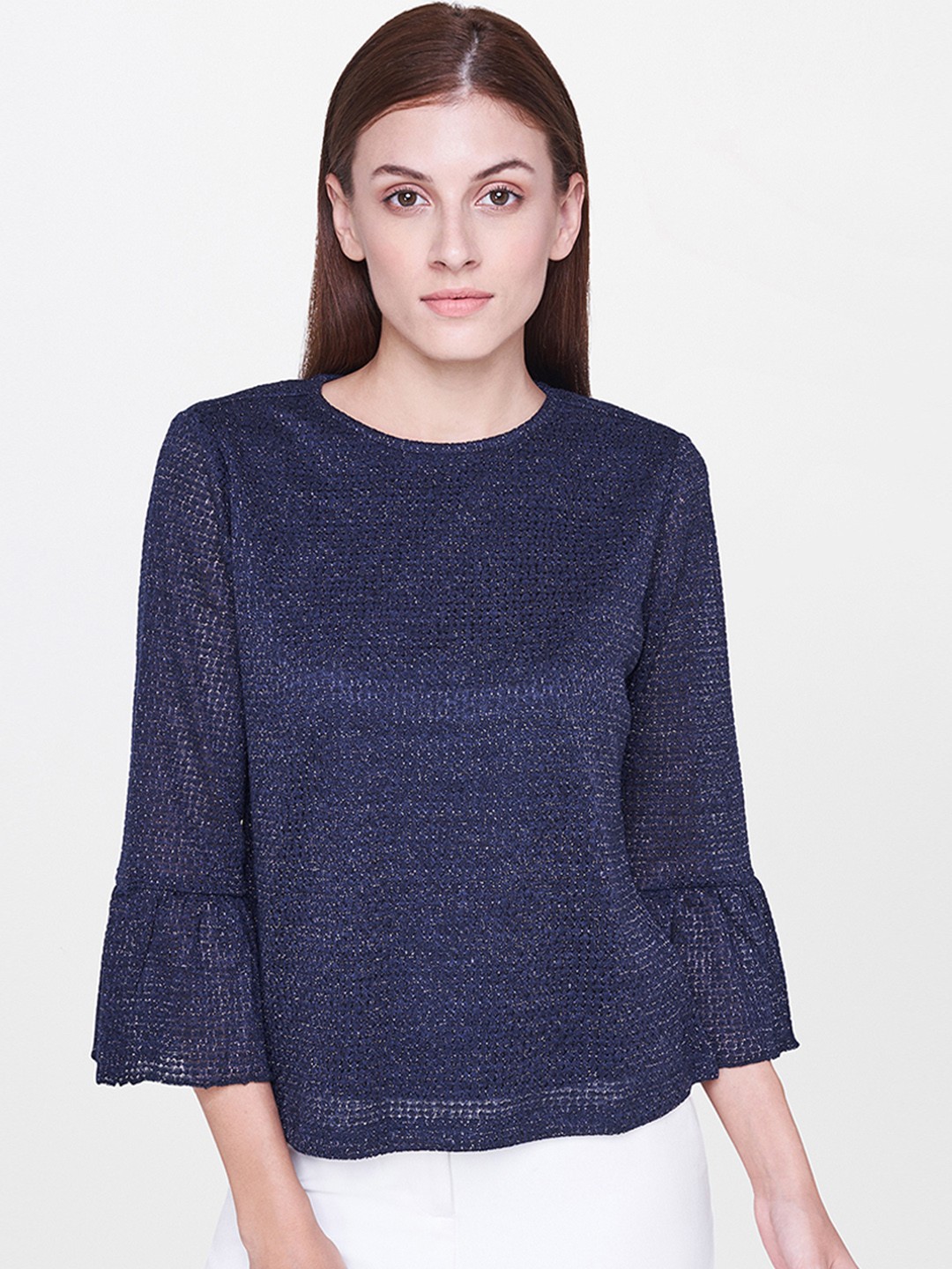 

AND Women Navy Blue Solid Knitted Top With Shimmery Effect