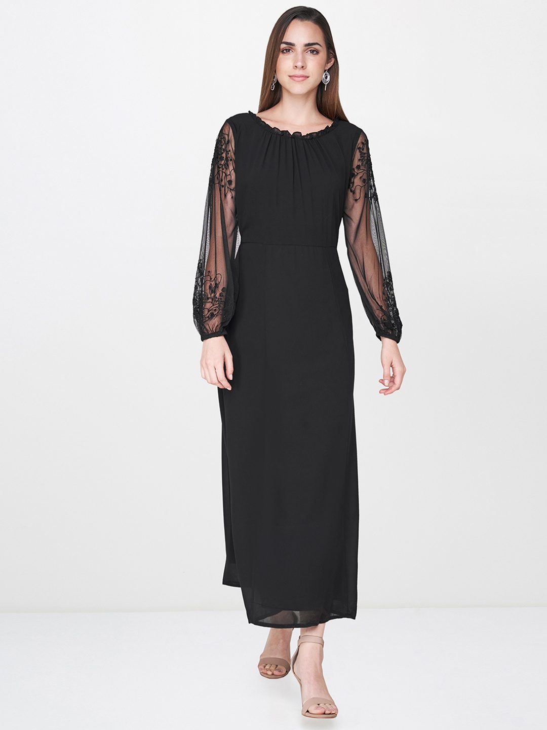 

AND Women Black Solid Maxi Dress with Embellished Sheer Sleeves