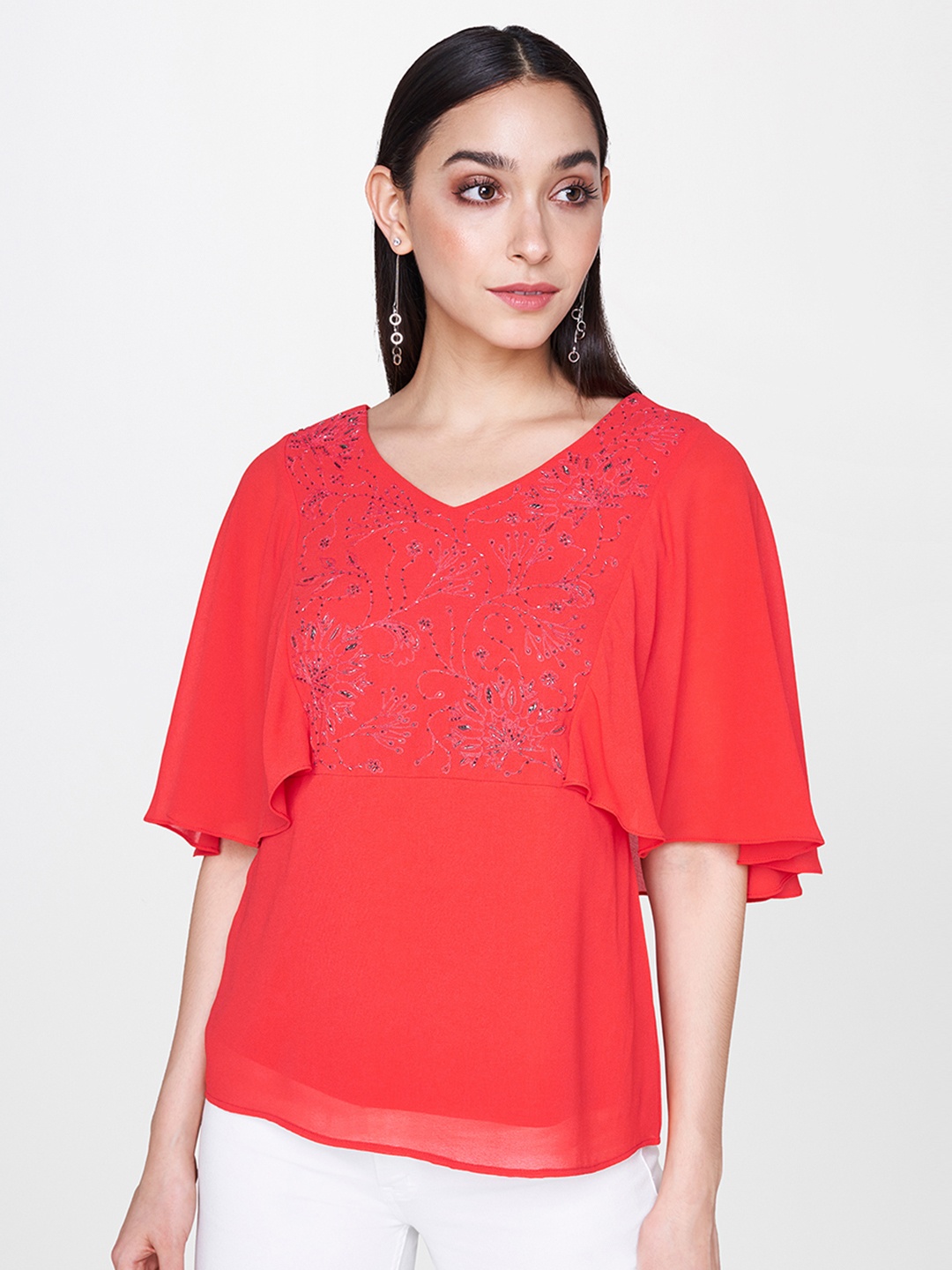 

AND Women Coral Red Solid Cape Sleeve Top With Embroidery
