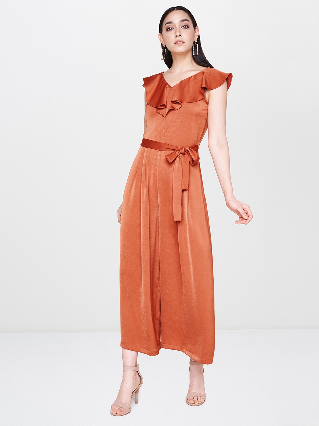 

AND Women Rust Orange Solid Ruffled Basic Jumpsuit