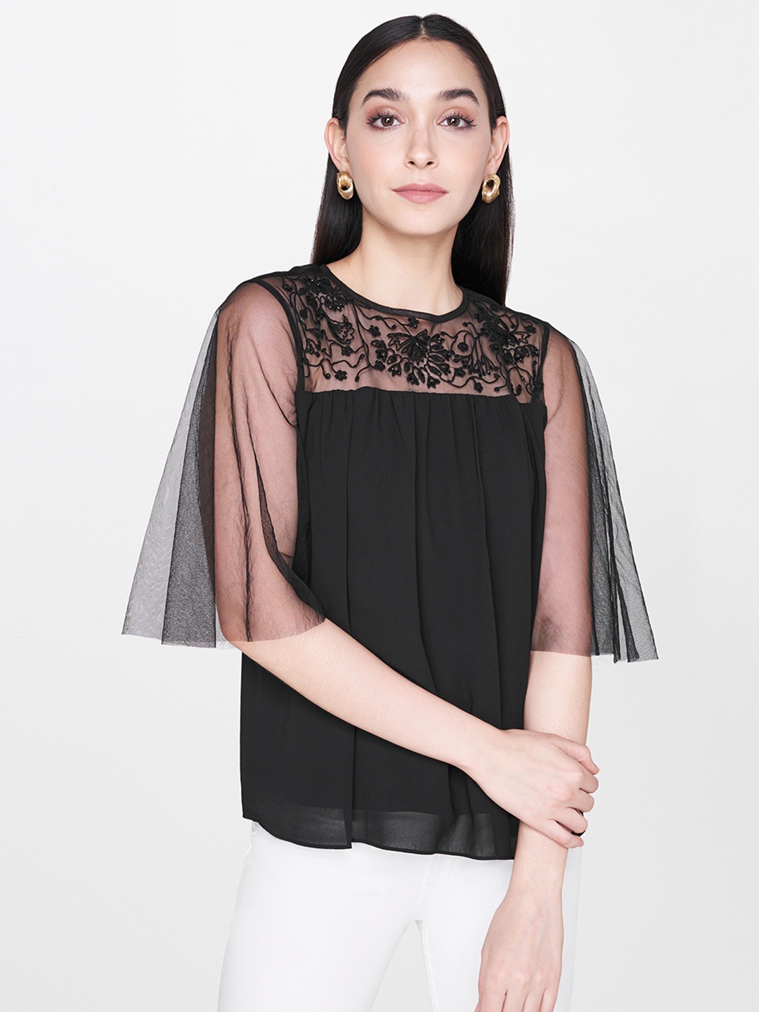 

AND Women Black Embellished Top with Sheer Flared Sleeves