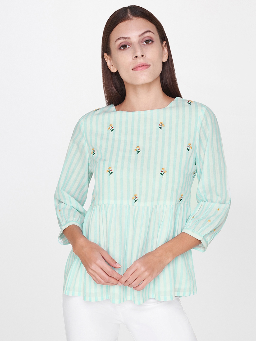 

AND Women Blue & Off-White Striped Pure Cotton Top with Embroidery