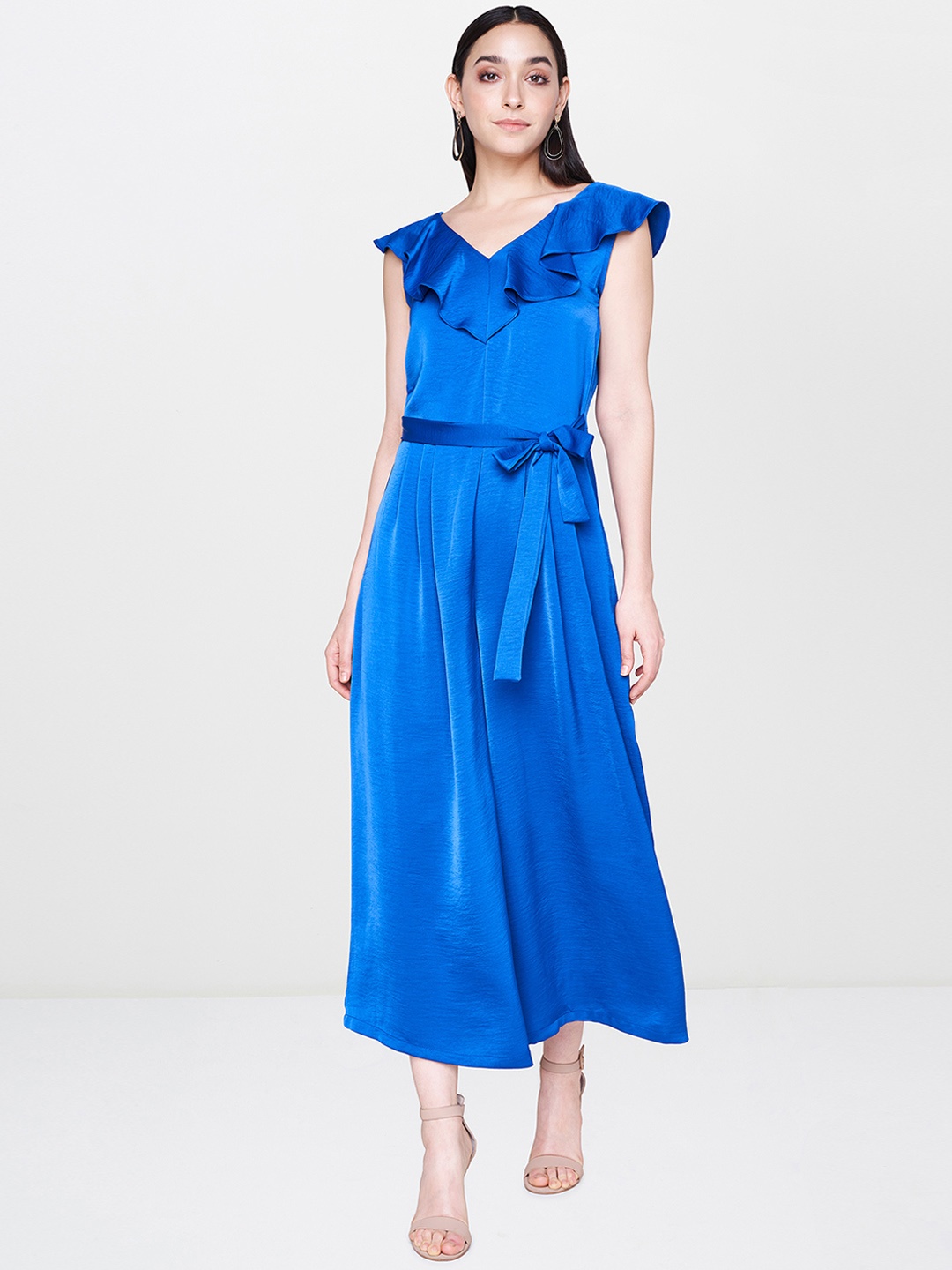 

AND Women Blue Solid Ruffled Basic Jumpsuit