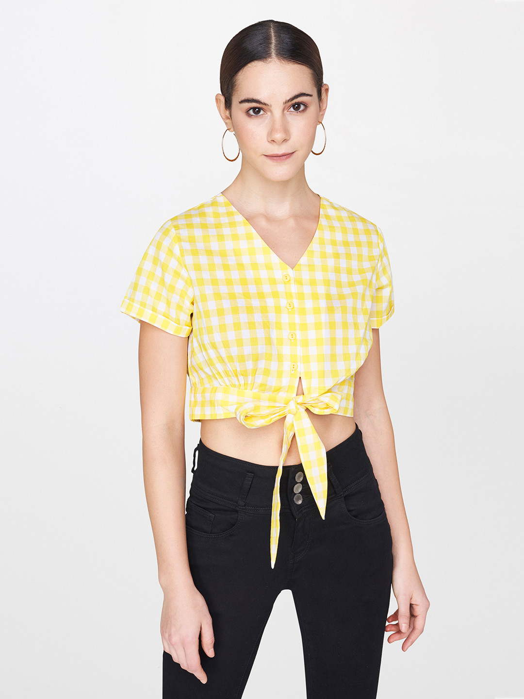 

AND Women Yellow & White Checked Cinched Waist Pure Cotton Top