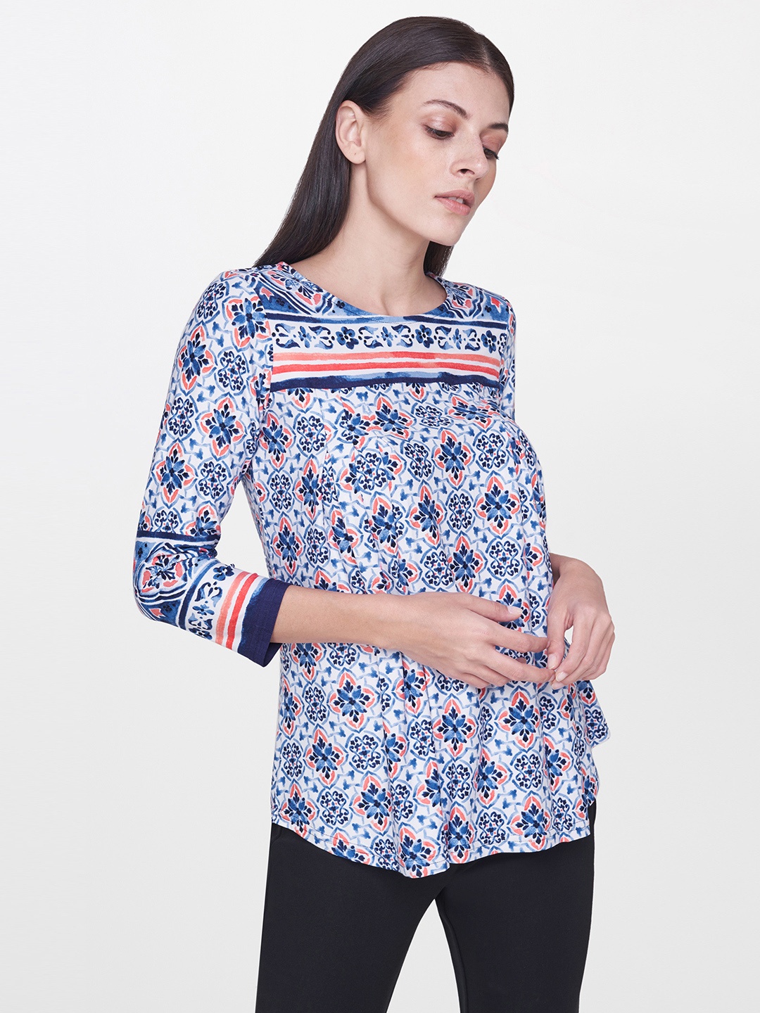 

AND Women Navy Blue & White Printed Top