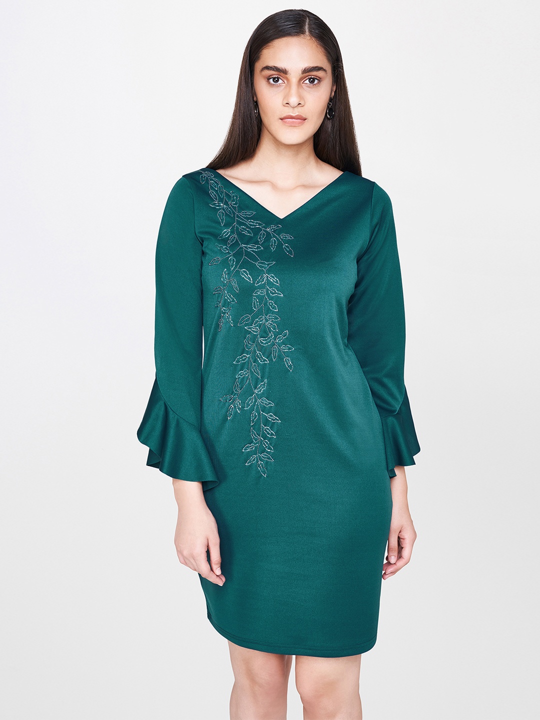 

AND Women Teal Green Embellished Sheath Dress
