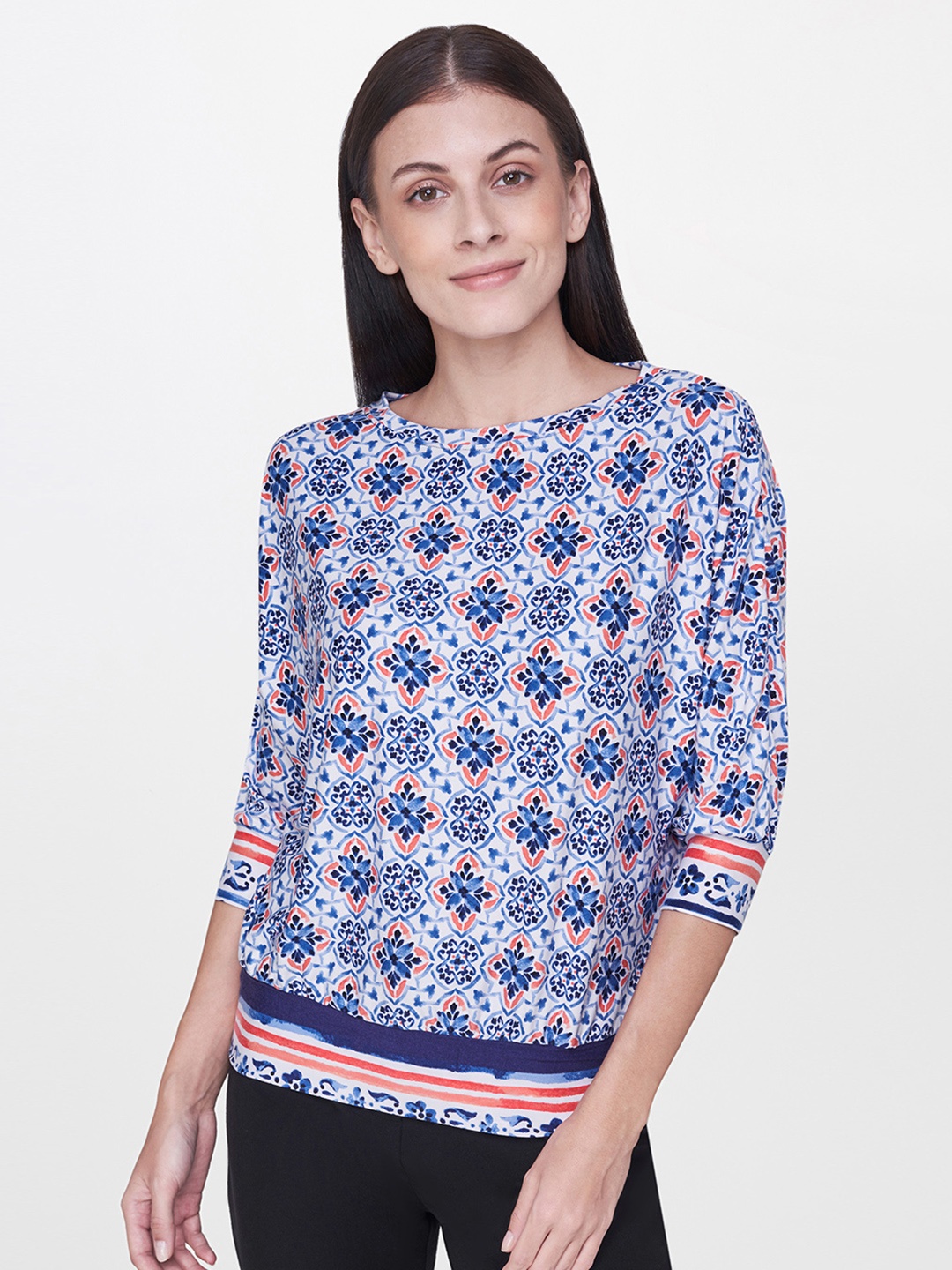 

AND Women Blue & White Printed Top