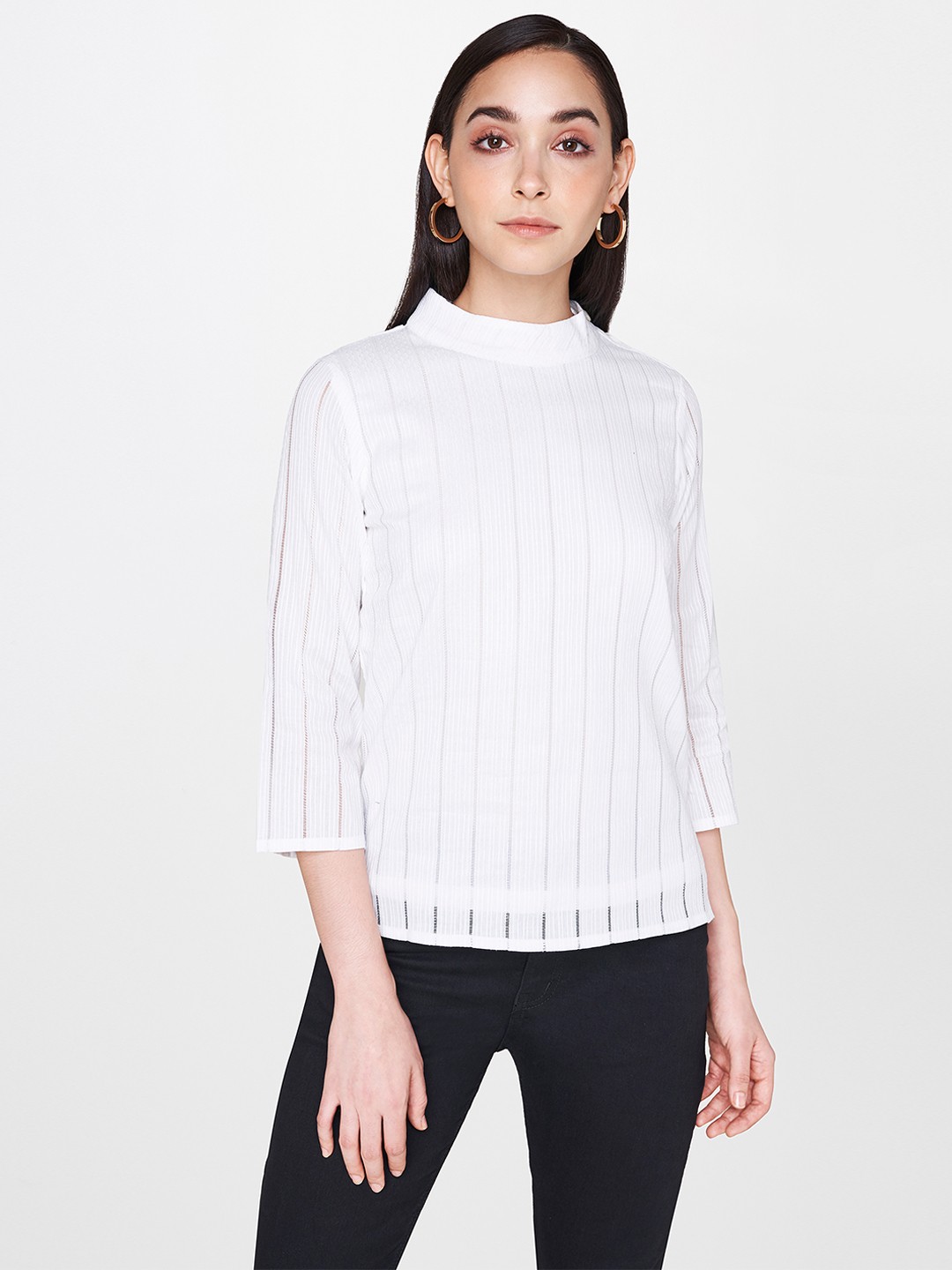 

AND Women White Self Striped Top
