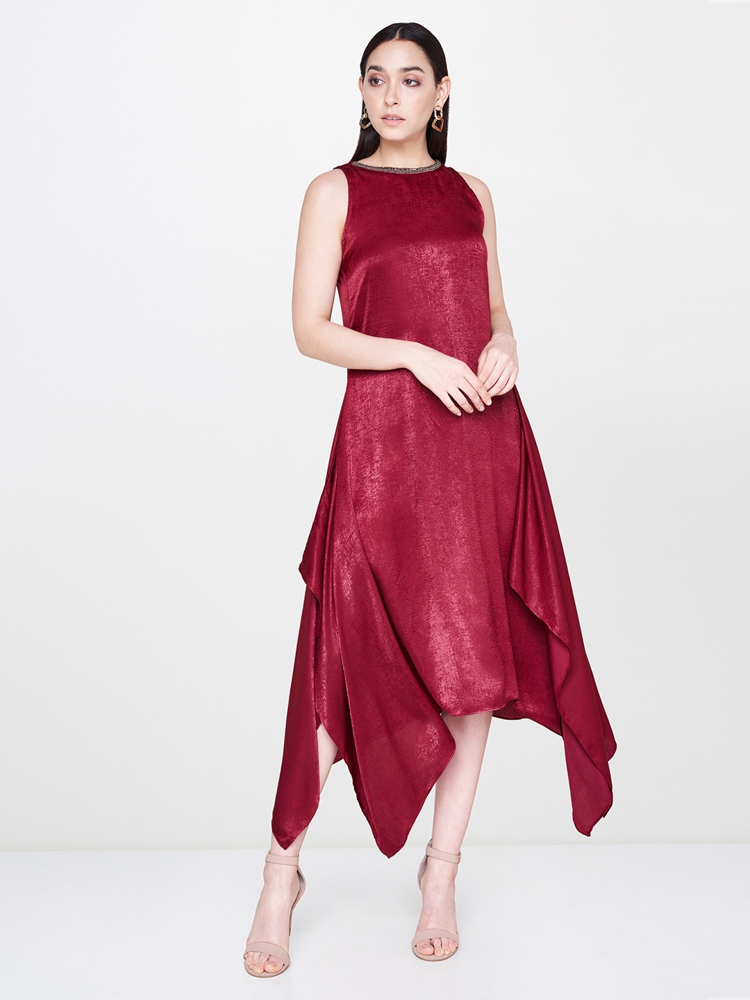 

AND Women Maroon Solid Asymmetric Hem A-Line Dress