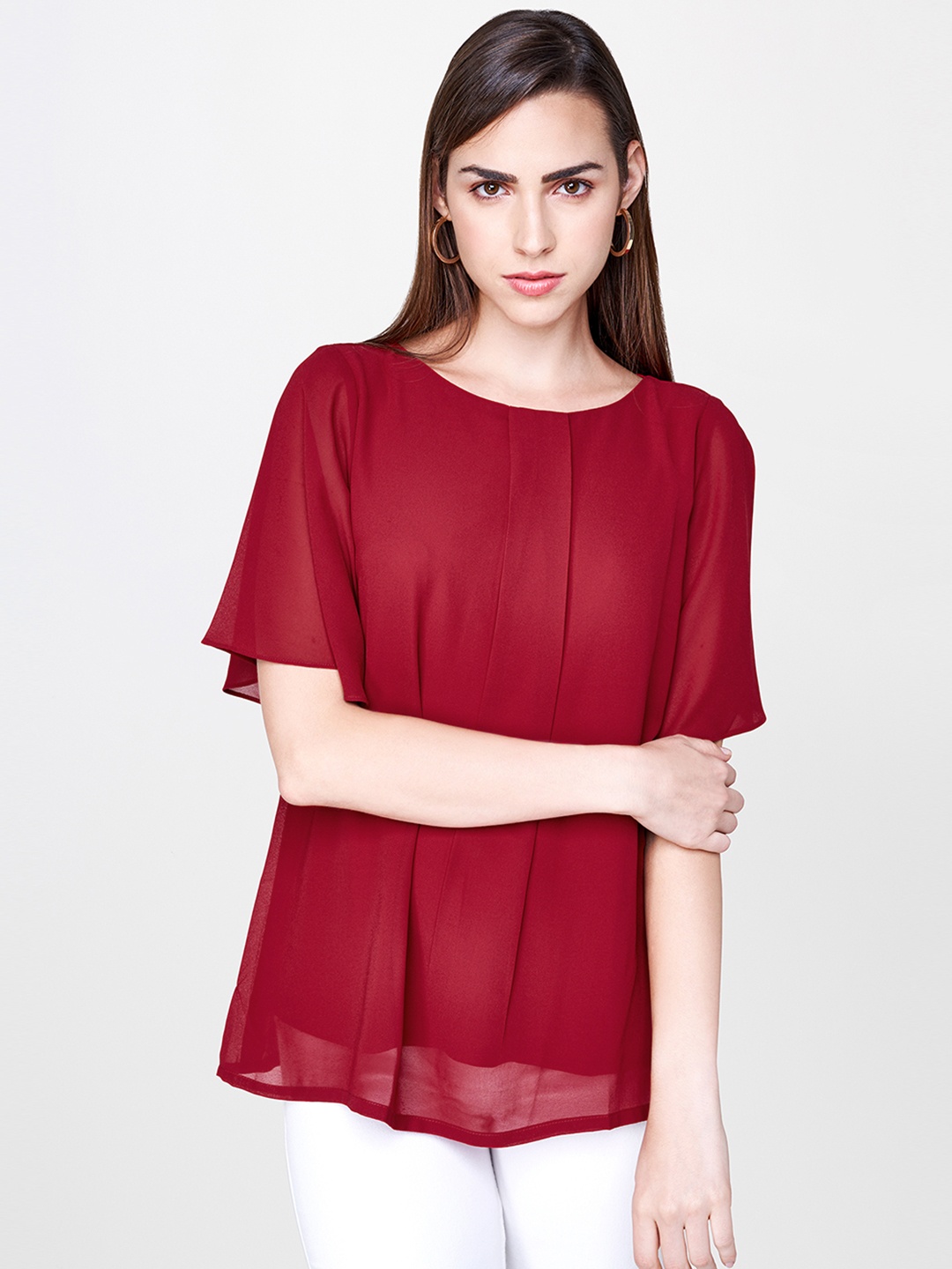 

AND Women Maroon Solid Flared Sleeve Top