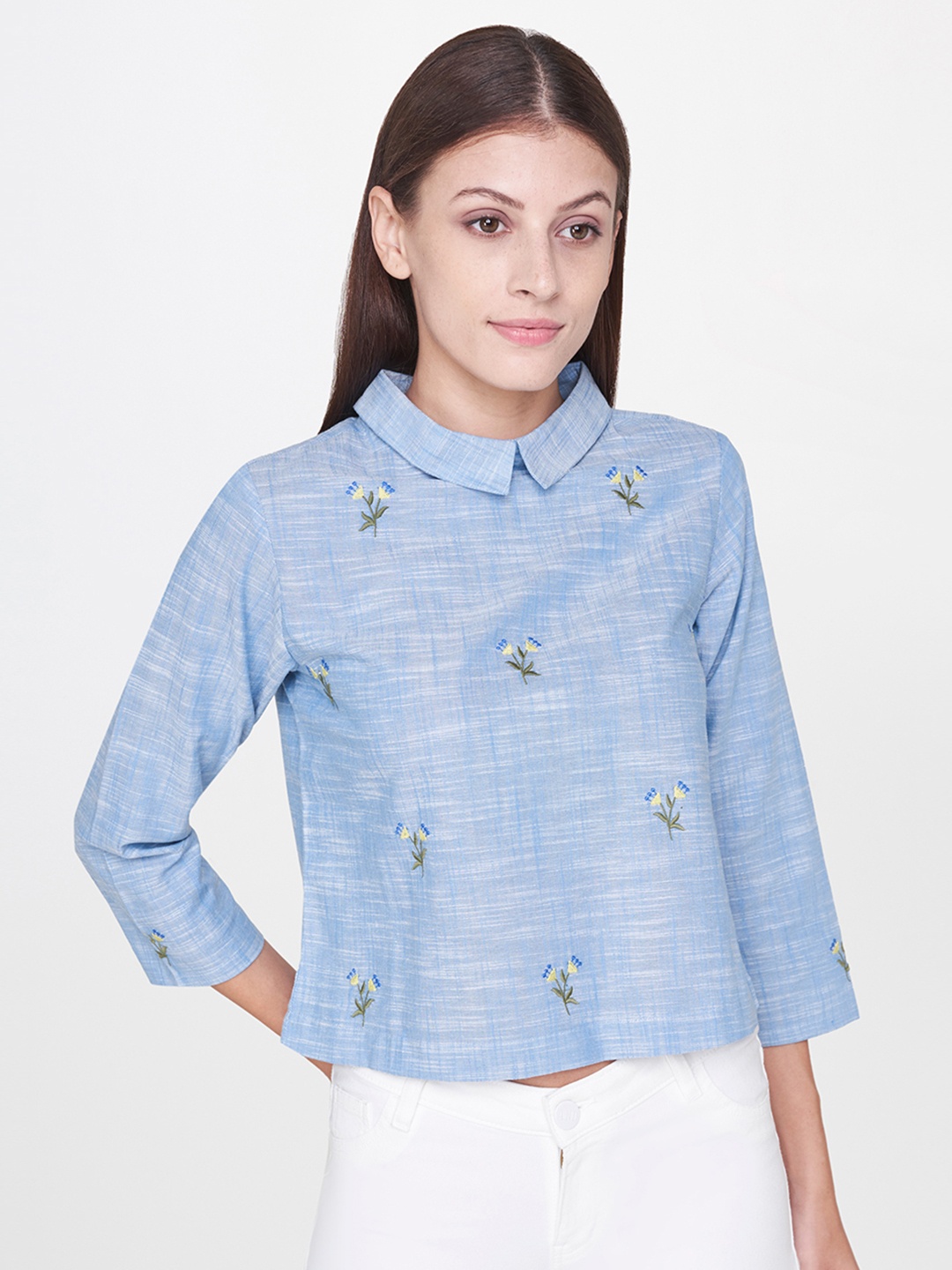 

AND Women Blue Floral Embroidered Pure Cotton Top