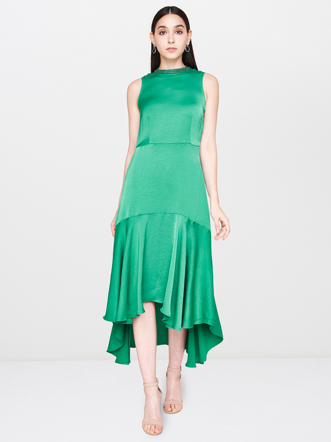 

AND Women Green Solid Jewel Neck A-Line Dress