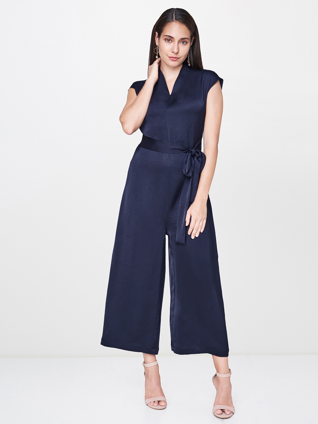 

AND Women Navy Blue Solid Basic Jumpsuit with Waist Tie-Ups