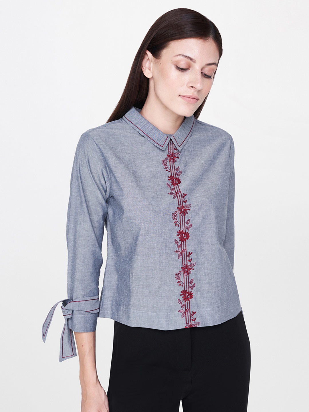 

AND Women Grey Embroidered Pure Cotton Top with Tie-Up Cuffs