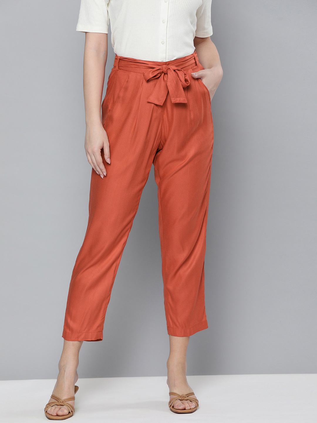 

HERE&NOW Women Red High-Rise Pleated Trousers