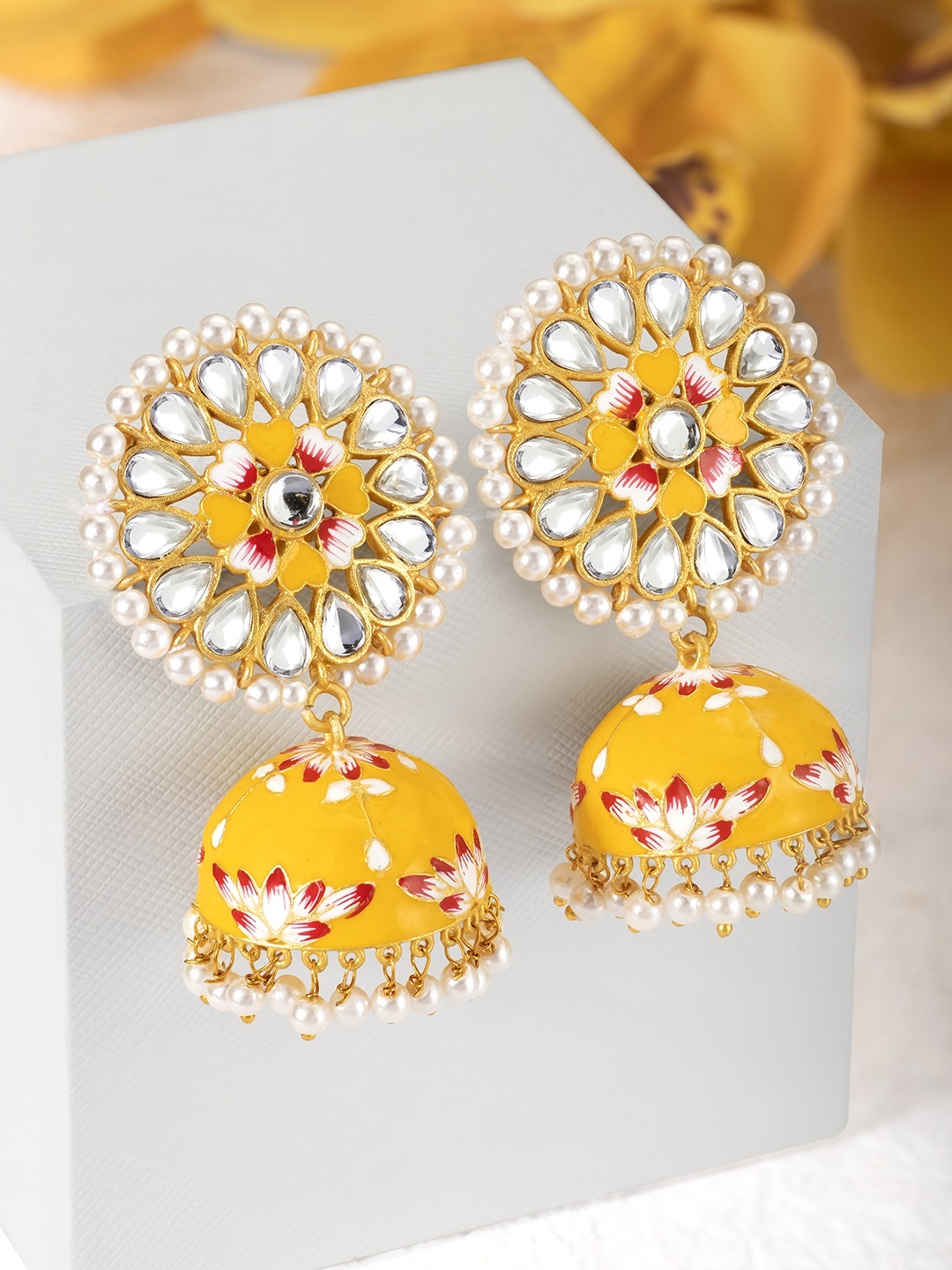 

Peora Yellow & Gold-Plated Enameled Handcrafted Jhumkas