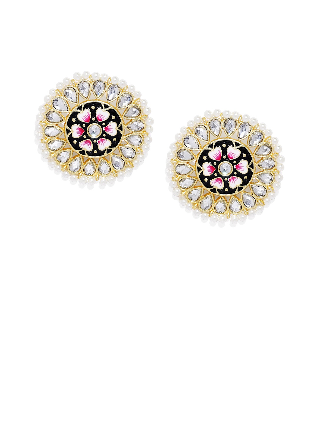 

Peora Black & Pink Gold-Plated Kundan Studed Meenakari Circular Studs