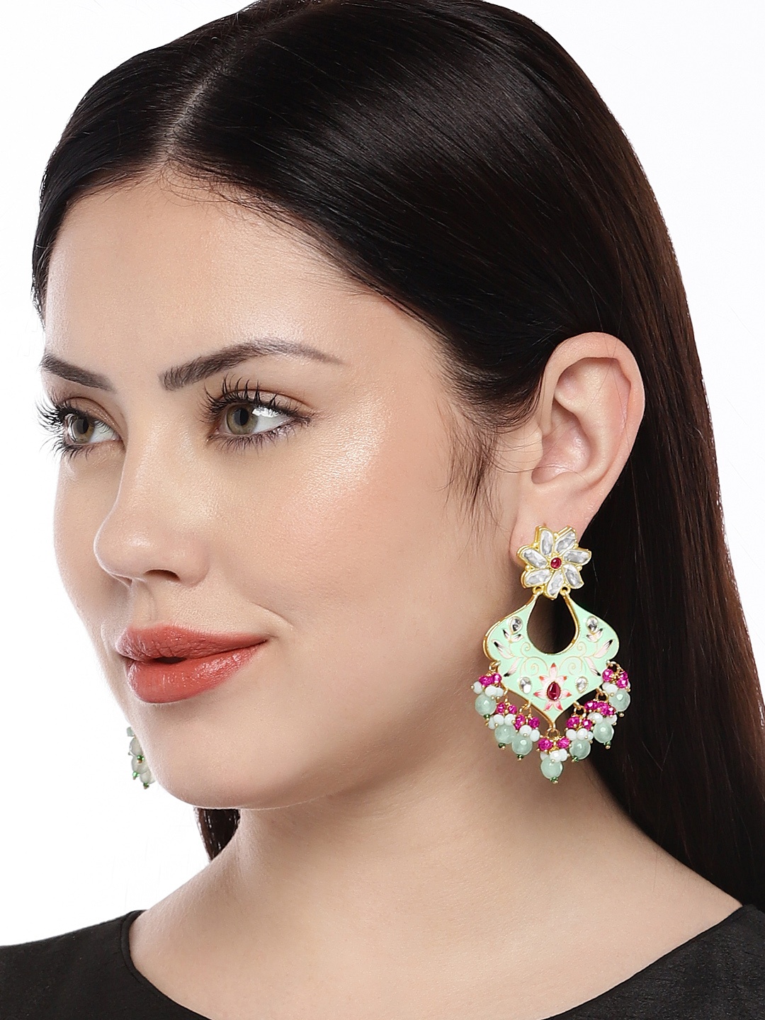 

Peora Sea Green & Pink Kundan Studded Gold-Plated Chandbalis
