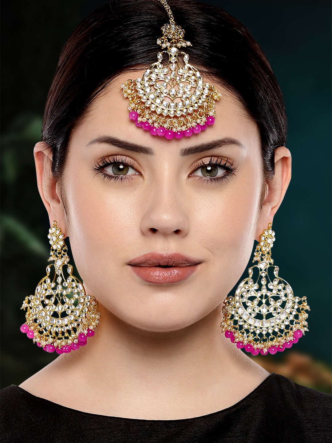 

Peora Women 18K Gold Plated Earring & Maang Tikka Jewellery Set, Pink