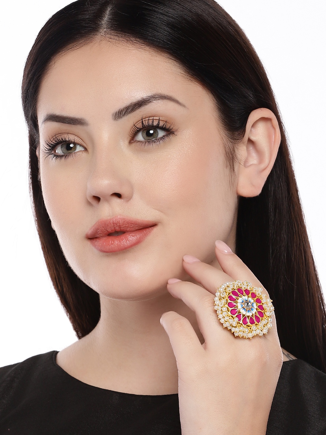 

Peora Women Hand Painted Enamelled Meenakari Baby Pearl Studded Finger Ring, Red