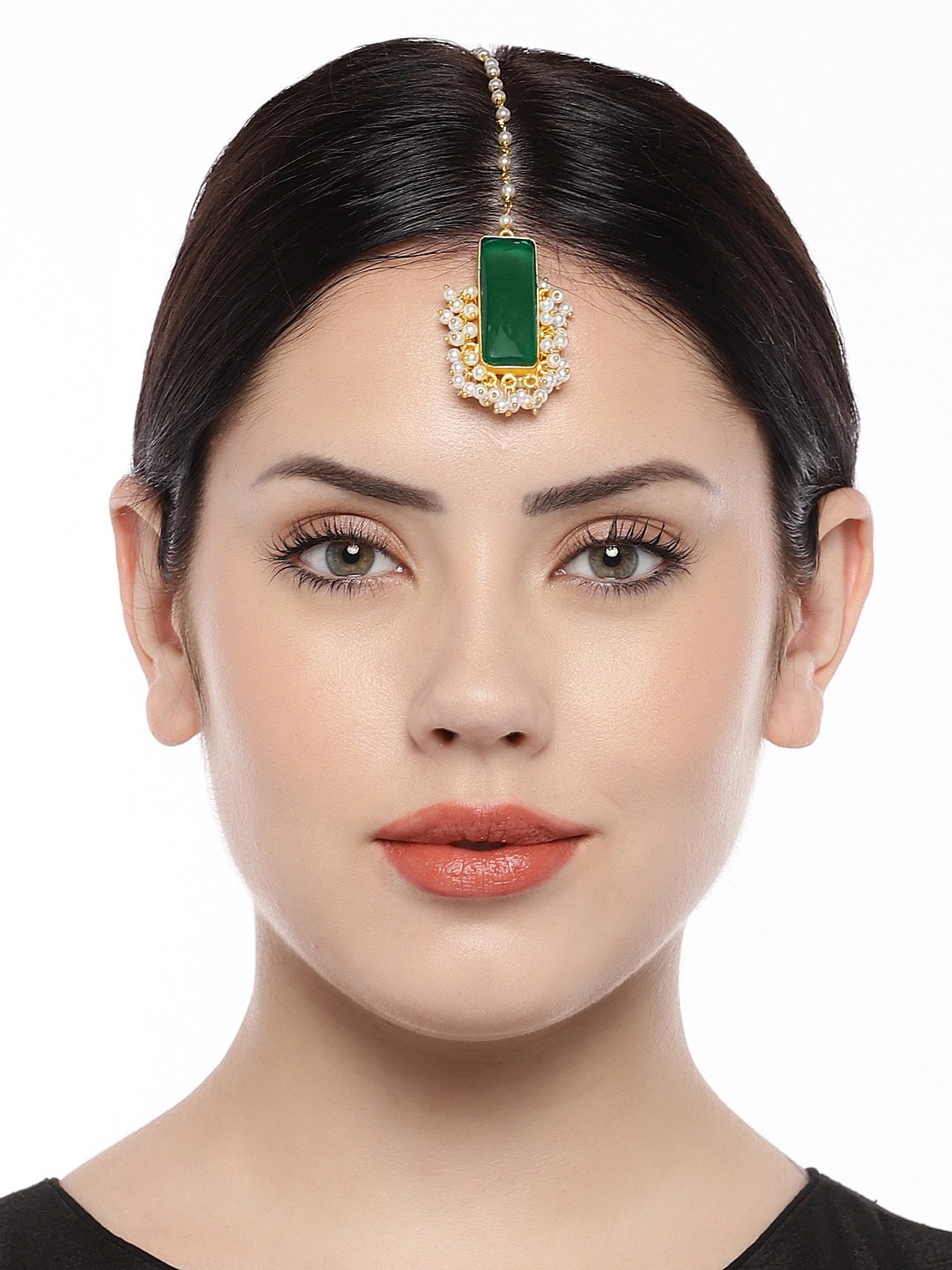 

Peora Women Gold Plated Baby Pearl Studded Rectangle Maang Tikka, Green
