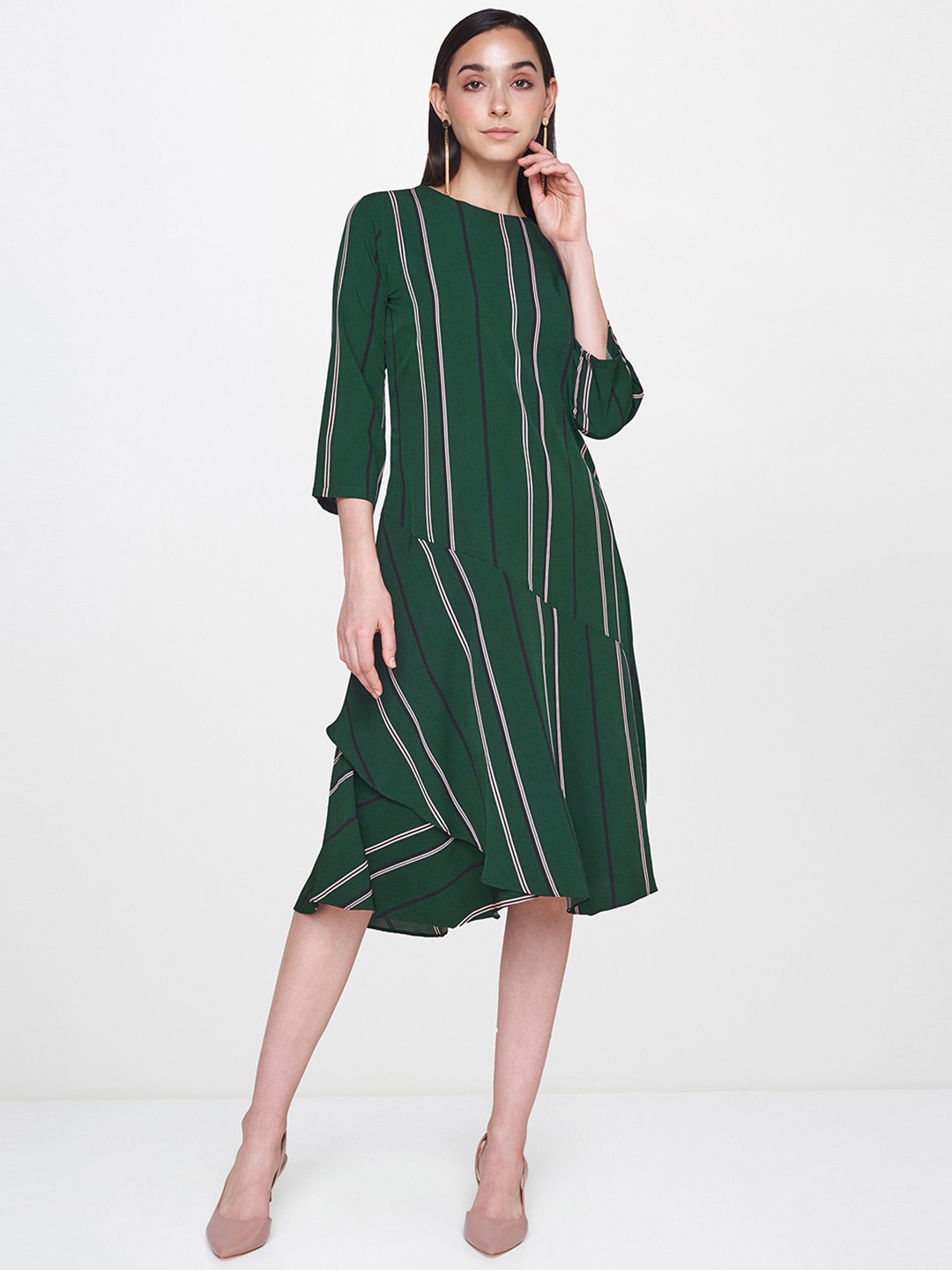 

AND Women Teal Green & Pink Striped A-Line Dress