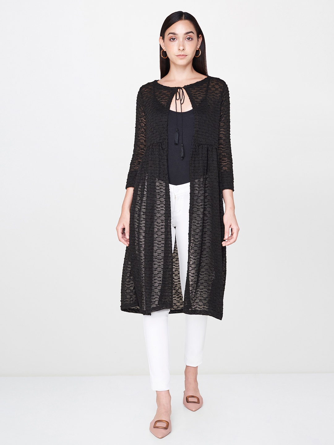 

AND Women Black Self Design Tie-Up Shrug