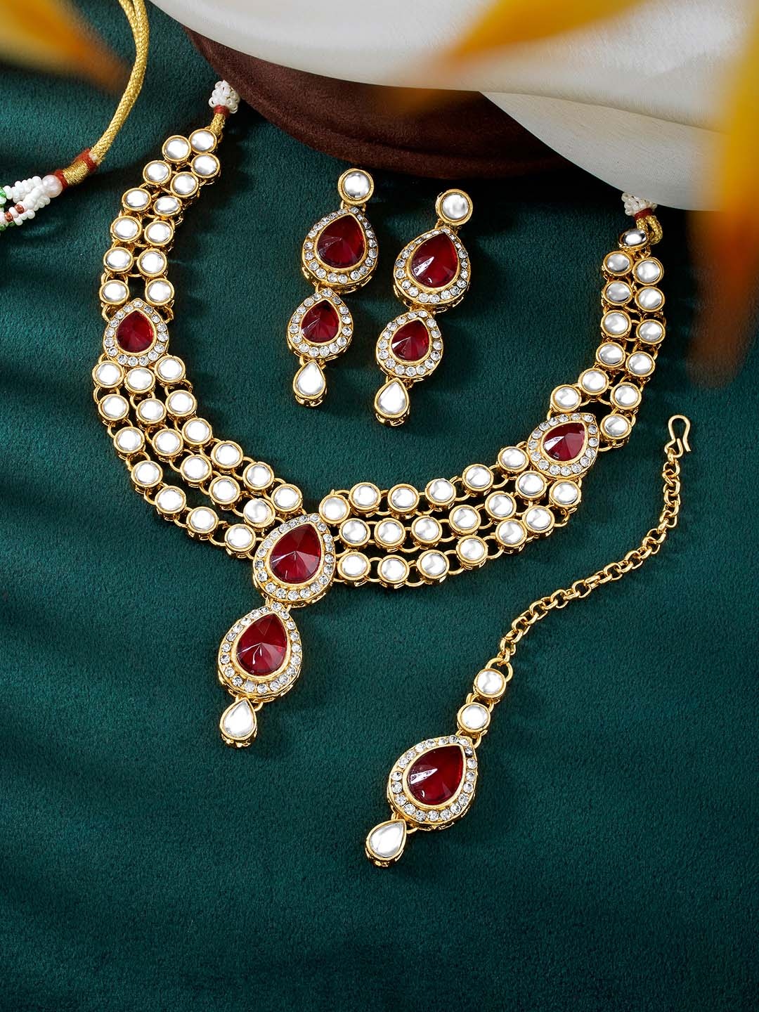 

Peora Women 18K Gold Necklace & Earring Set With Maang Tikka, Maroon