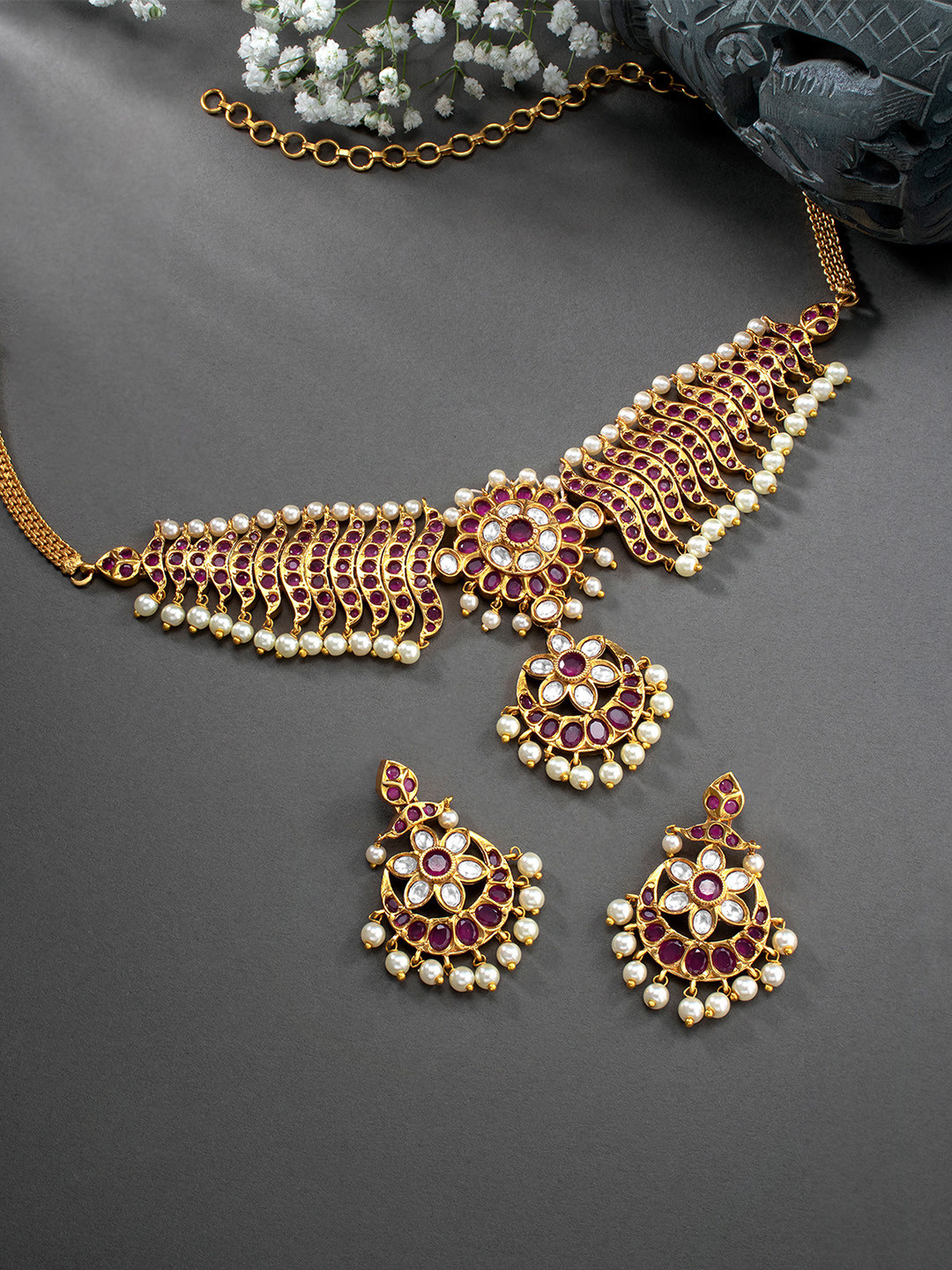 

Peora Women Gold Plated Choker Necklace with Chandbali Earrings Set, Pink