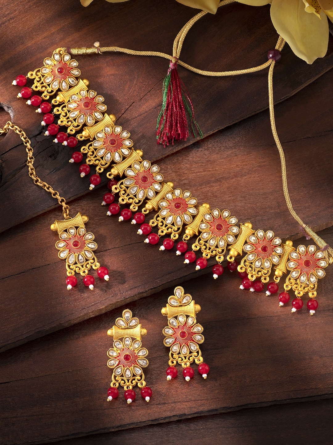 

Peora Women Gold Plated Necklace & Earrings Set with Maang Tikka, Red