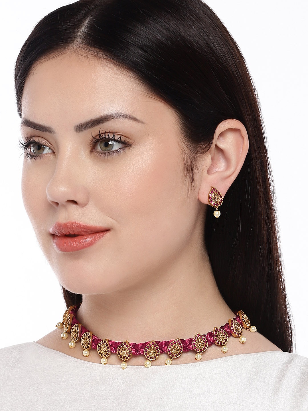 

Peora Women Gold Plated Choker Necklace with Earrings Set, Red