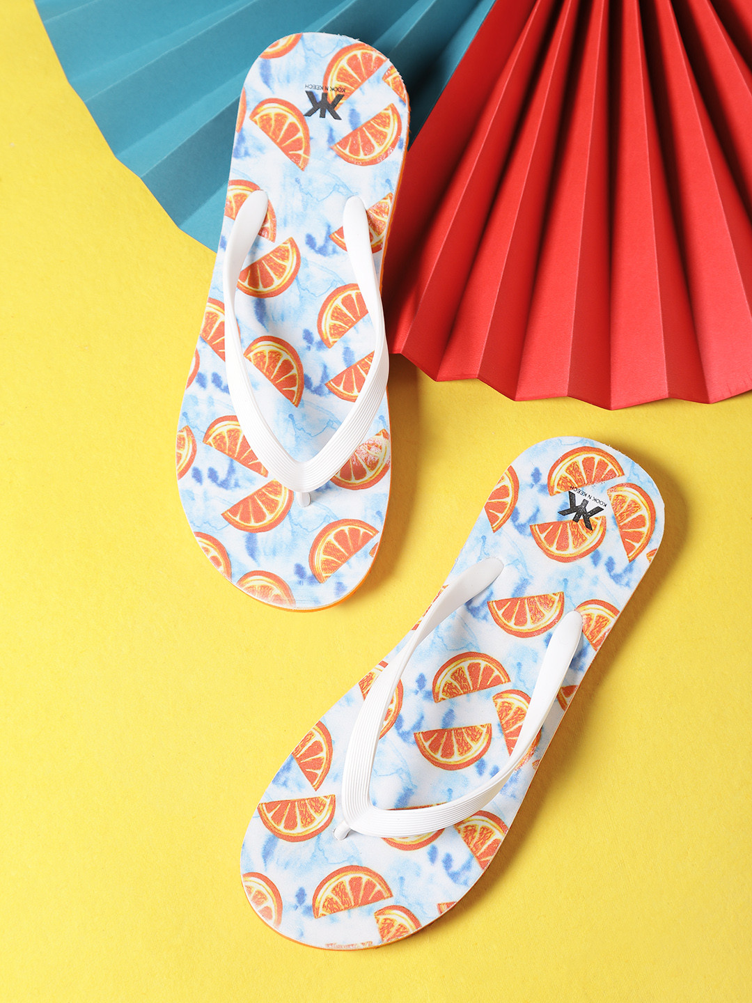 

Kook N Keech Women White & Orange Printed Thong Flip-Flops