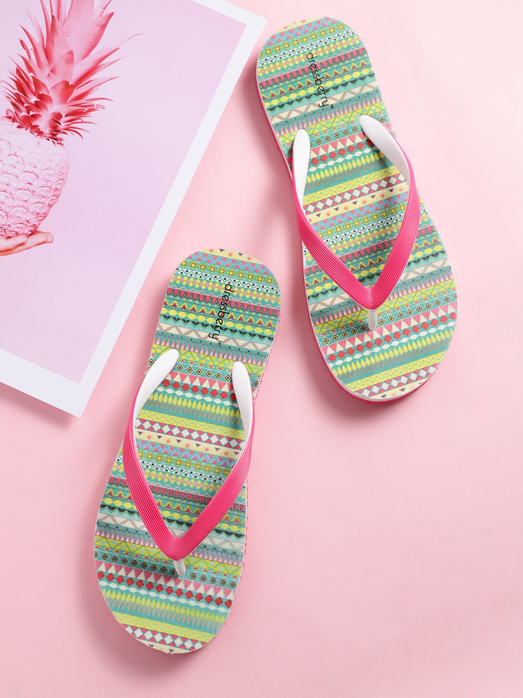 

DressBerry Women Pink & Green Printed Thong Flip-Flops