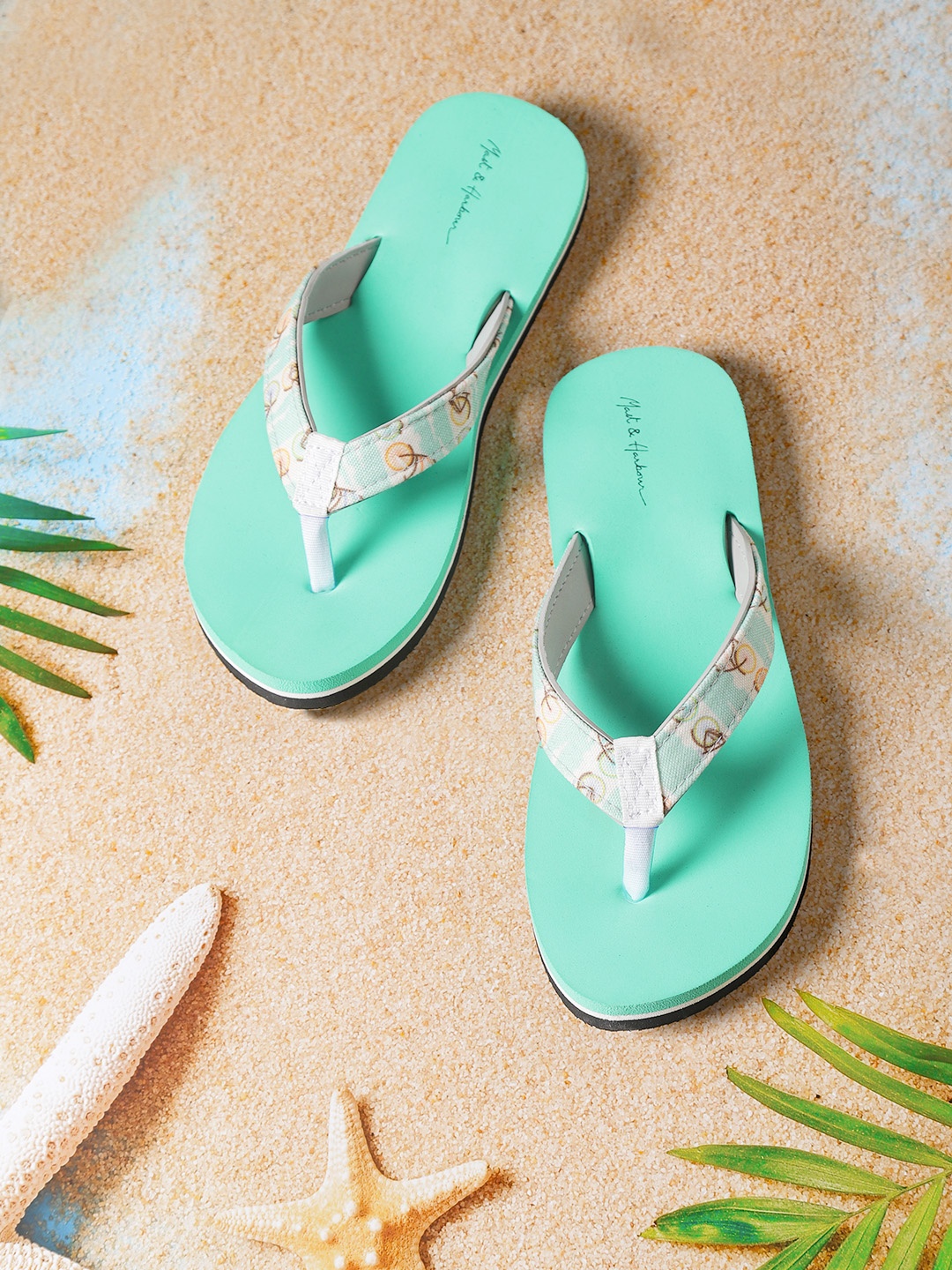 

Mast & Harbour Women White & Sea Green Printed Thong Flip-Flops