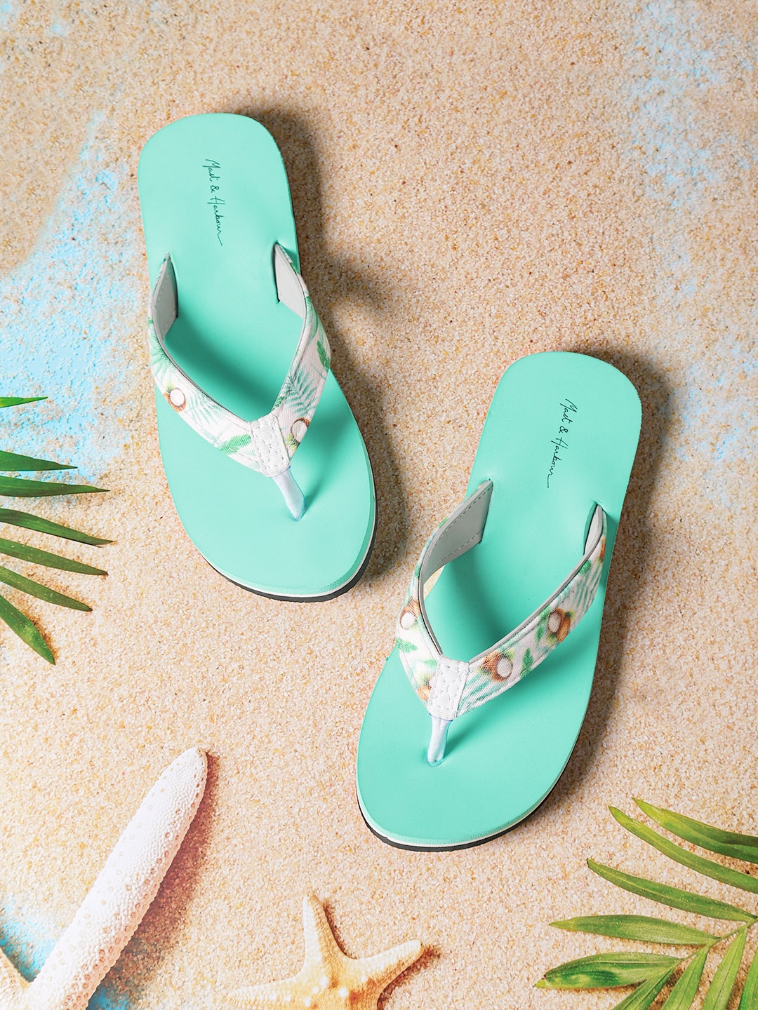 

Mast & Harbour Women White & Sea Green Printed Thong Flip-Flops