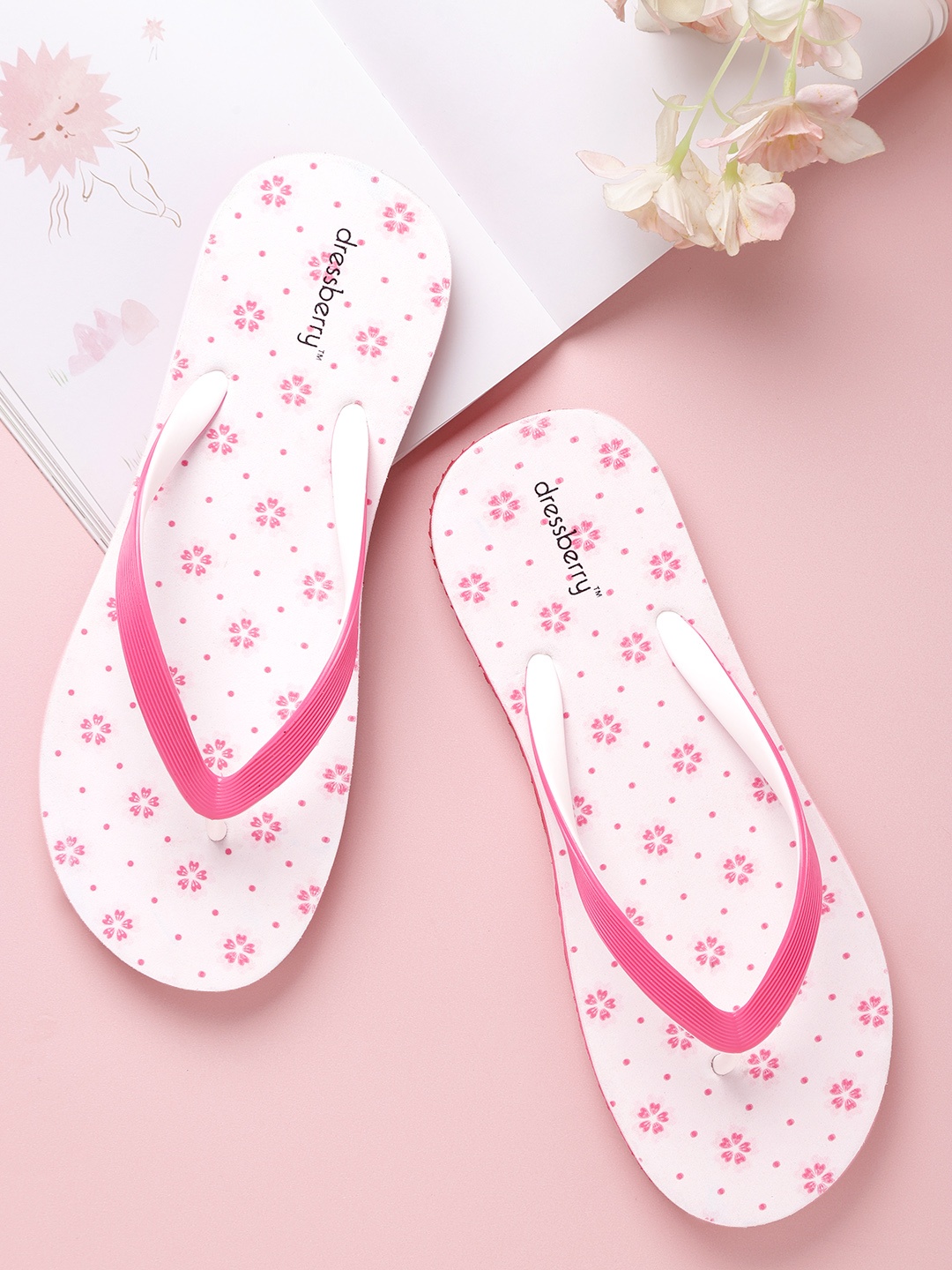

DressBerry Women Pink & White Floral Print Thong Flip-Flops