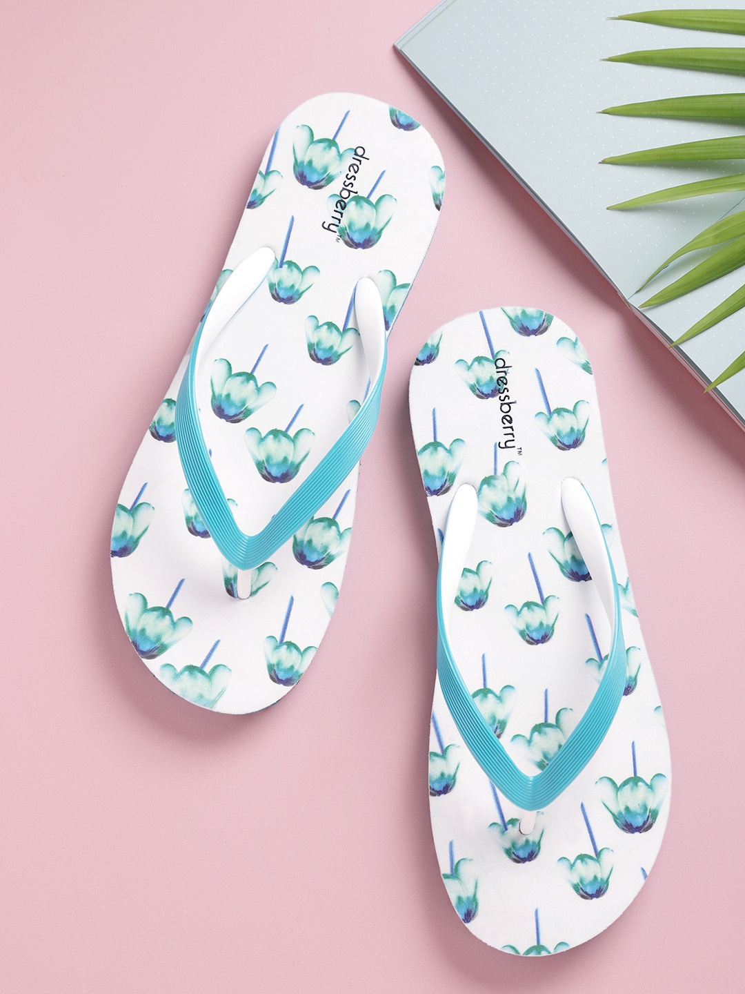 

DressBerry Women Teal Blue & White Floral Print Thong Flip-Flops